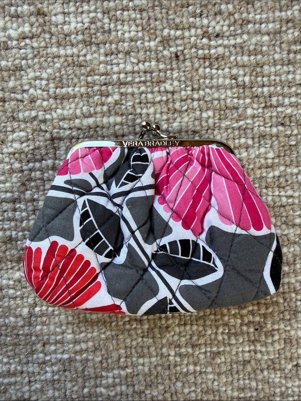 Vera Bradley Quilted Coin Pouch in Pink, Red, Gray and White Floral